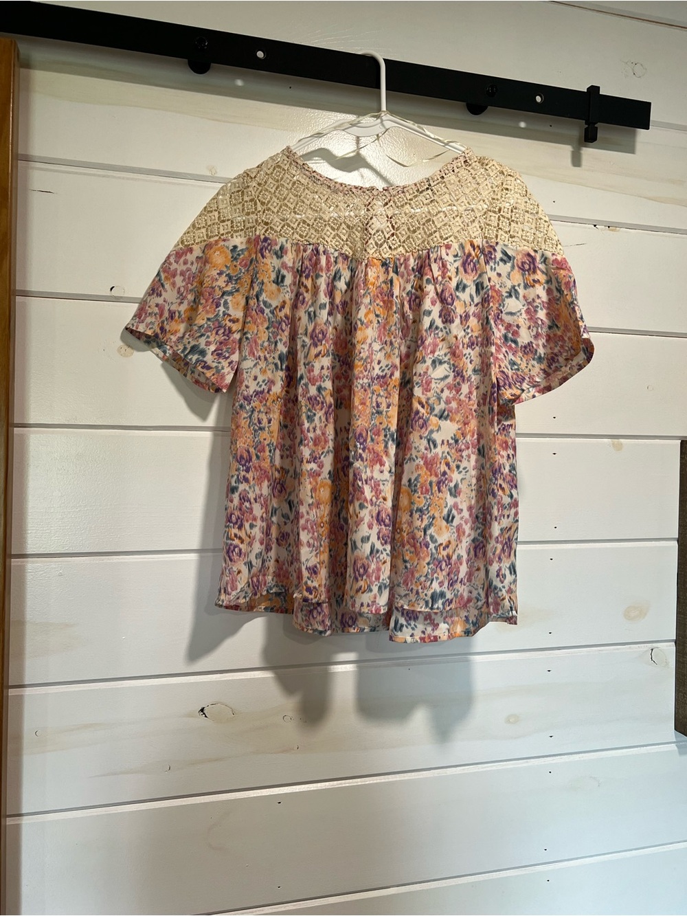 Boho Crochet Yoke Floral Top - Cream and Multi